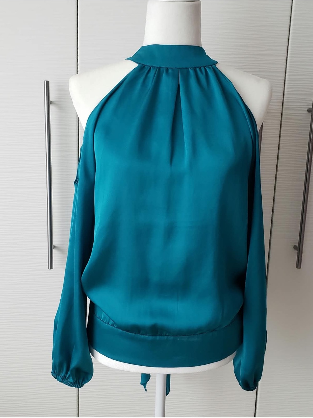 Boston Proper Teal Halter Cold-Shoulder Blouse